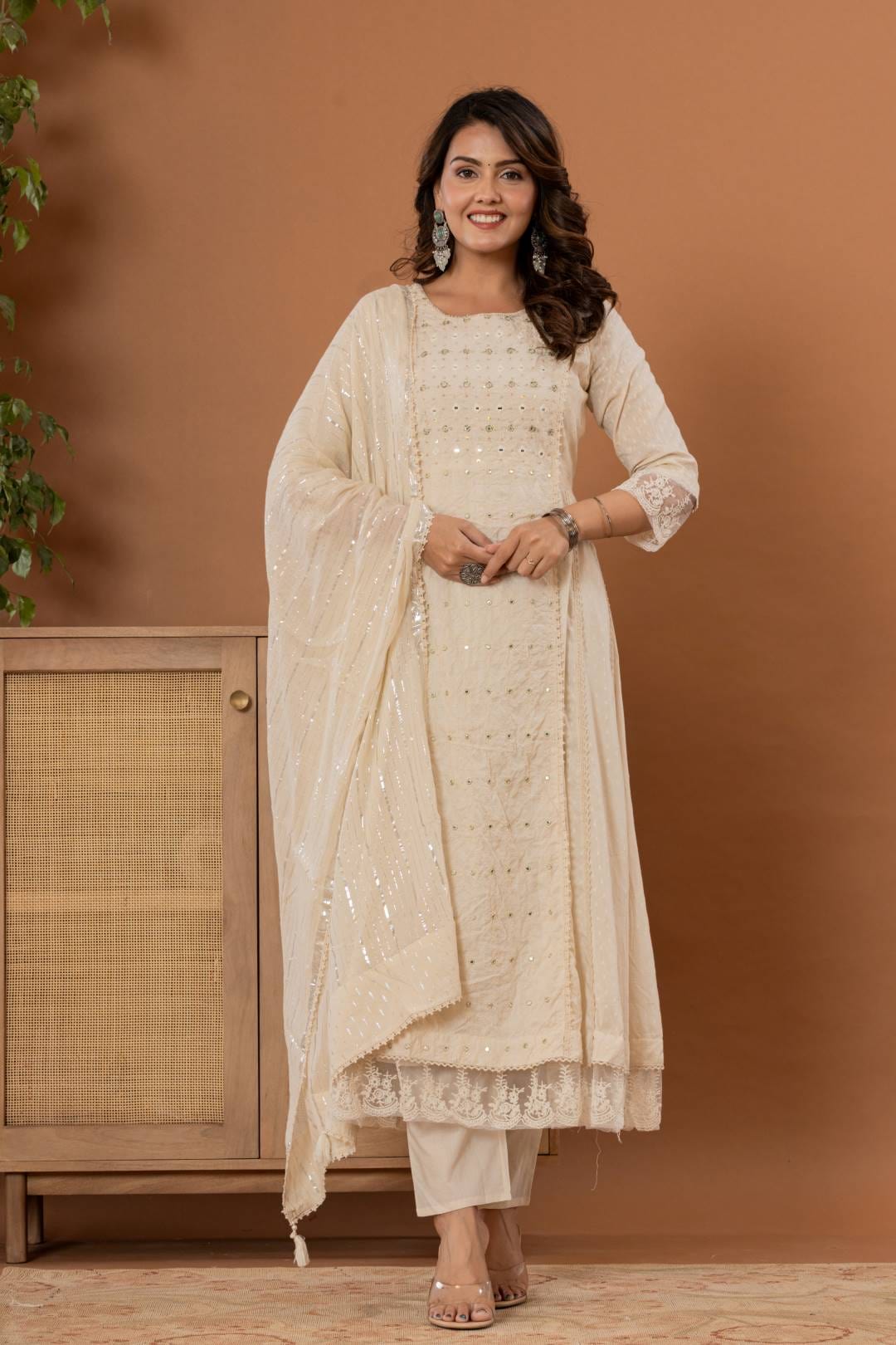 Varanga Women Floral Embroidered Panelled Mirror Work Pure Cotton Kurta with Trousers & Dupatta