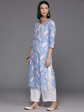 Varanga Women Blue Abstract Printed Round Neck With Drawstring Details Straight Kurta