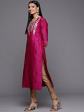 Varanga Pink Embroidered Straight Kurta With Three-Quarter Sleeves Paired With Tonal Bottom And Dupatta