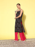 Black floral printed spaghetti strap style straight kurta with side slits