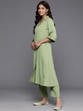 Varanga Women Green Shirt Collar Neck A-Line Kurta Paired With Tonal Bottom
