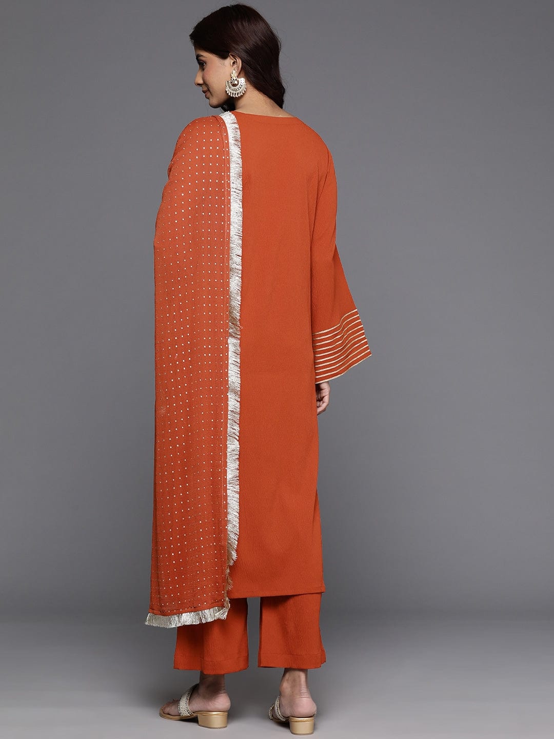 Varanga Women Rust Solid V-Neck  Embellished With Gota Straight Kurta Paired With Tonal Bottom And Dupatta