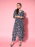 Varanga Navy Blue Women Floral Printed Empire Silk Georgette Kurta With Trousers