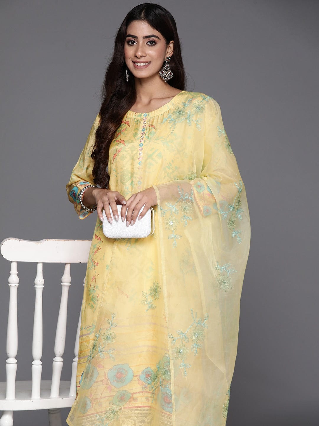 Varanga Women Yellow Abstract Printed Round Neck Straight Pure Muslin Kurta Paired With Tonal Bottom And   Organza Embroiderd Dupatta