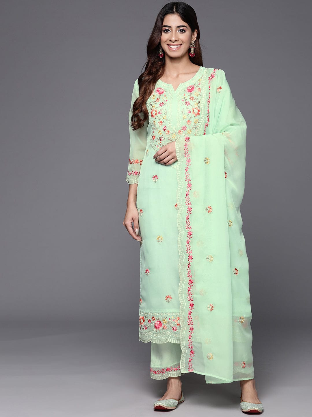 Varanga Women Sea Green Thread Embroidered Kurta With Bottom And Dupatta
