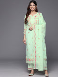Varanga Women Sea Green Thread Embroidered Kurta With Bottom And Dupatta