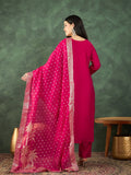 Fuchsia kurta set featuring a bead-embellished yoke, solid ankle-length trousers, and a brocade dupatta