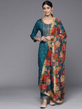 Varanga Women Teal Embroidered Straight Kurta Paired With Tonal Bottom And Printed Dupatta.