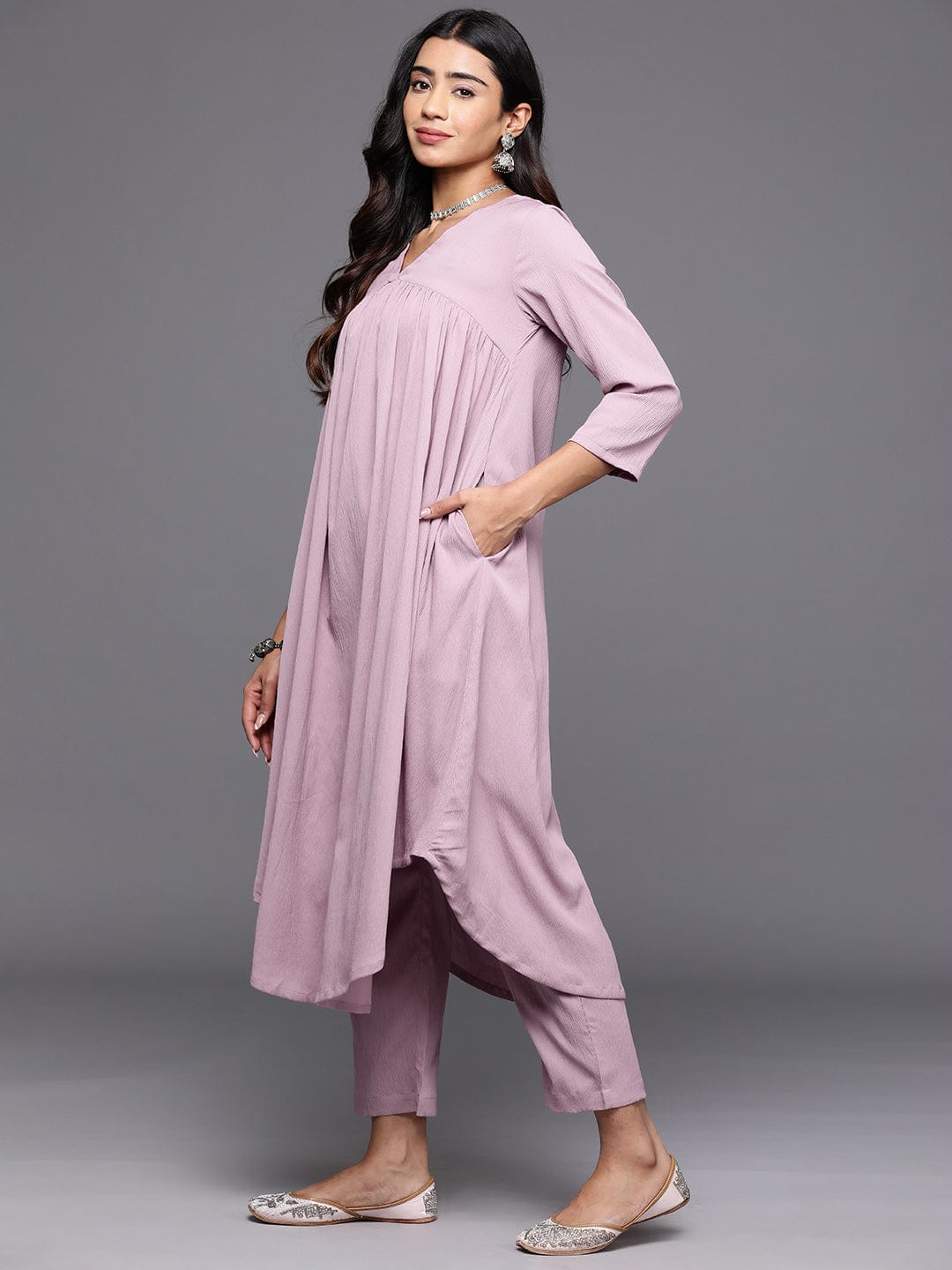 Varanga Women Pink Empire Gathered Details A-Line Kurta Paired With Tonal Bottom