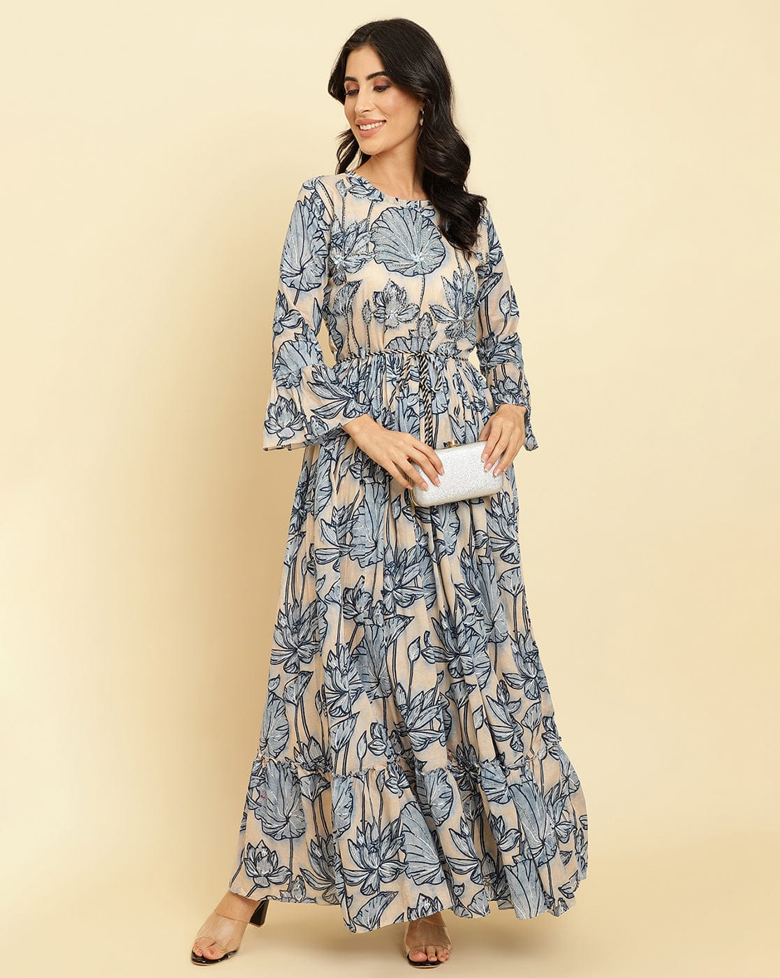 varanga women blue floral printed anarkali kurta