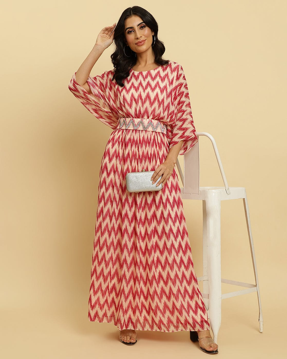 Varanga Women Peach And Magenta Chevron Printed A Line Dress