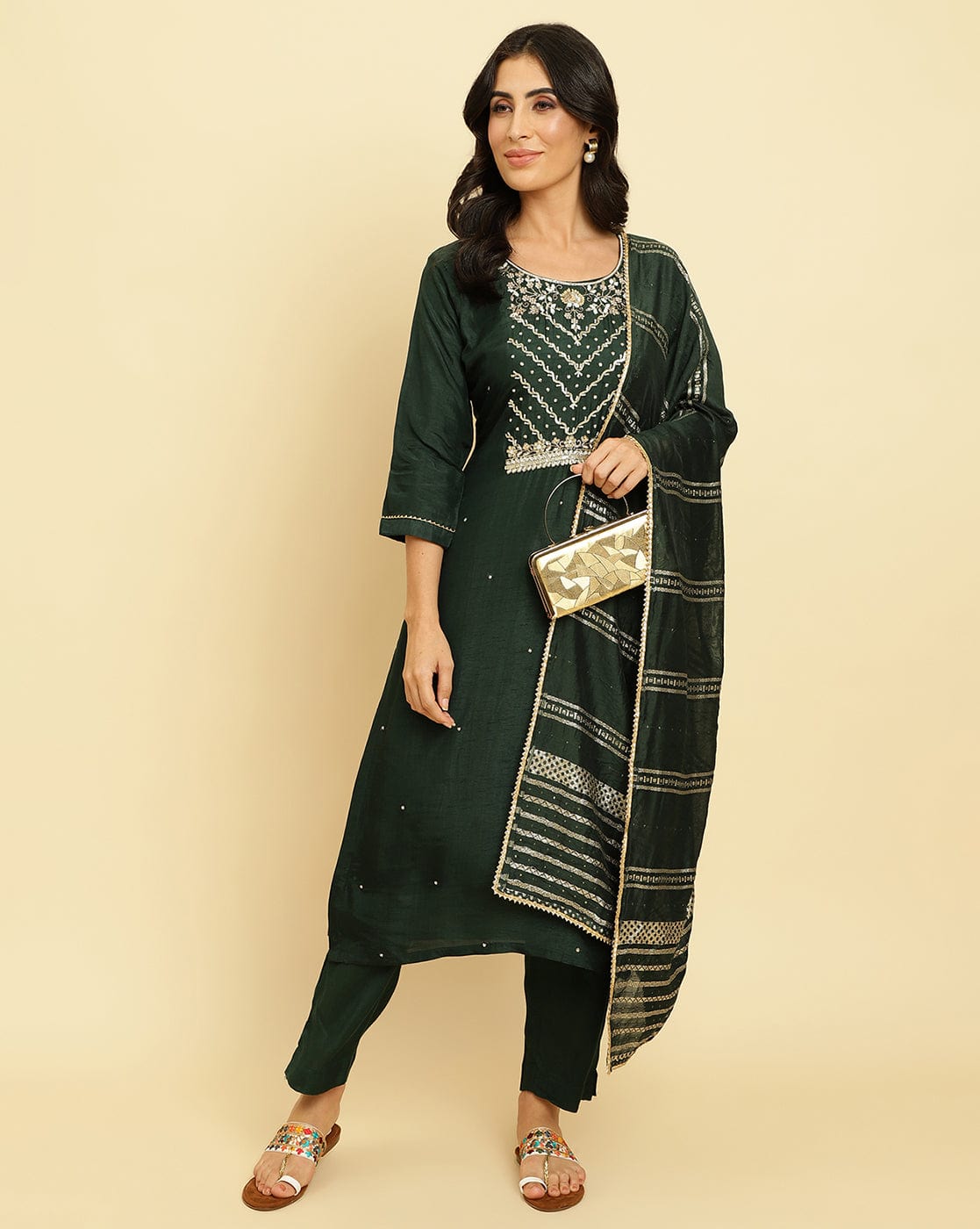 Varanga Women Green Embroidered Straight Kurta Paired With Tonal Bottom And Dupatta