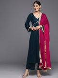 Varanga Women V-Neck Velvet Finish Empire Kurta & Palazzo With Fringed Detail Dupatta