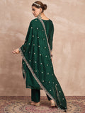 Elegant In Deep Green, This Straight-Fit Kurta With Intricate Zari-Embroidered Yoke Is Paired With Ankle-Length Solid Trousers And A Matching Zari-Accented Dupatta