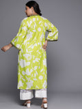 Varanga Women Plus Size Lime Green Floral Printed Kurta With V Neck And Three Quarter Bell Sleeves Pl24 Vkur1071