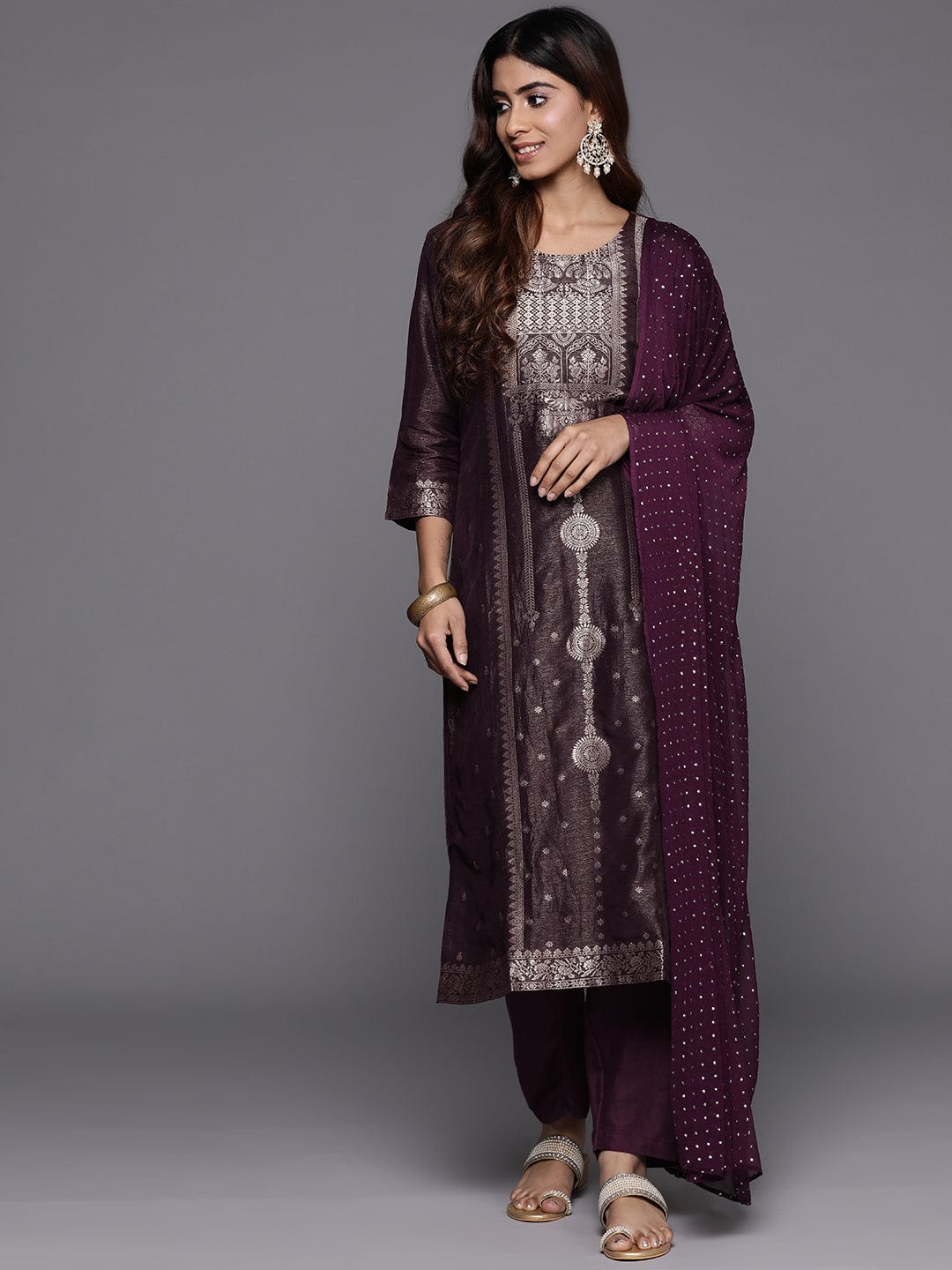 Varanga Women Purple Jacquard Weave Kurta With Bottom And Dupatta