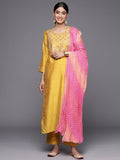Varanga Women Yellow Yoke Embroidered Kurta Paired With Tonal Bottom And Lehariya Dupatta