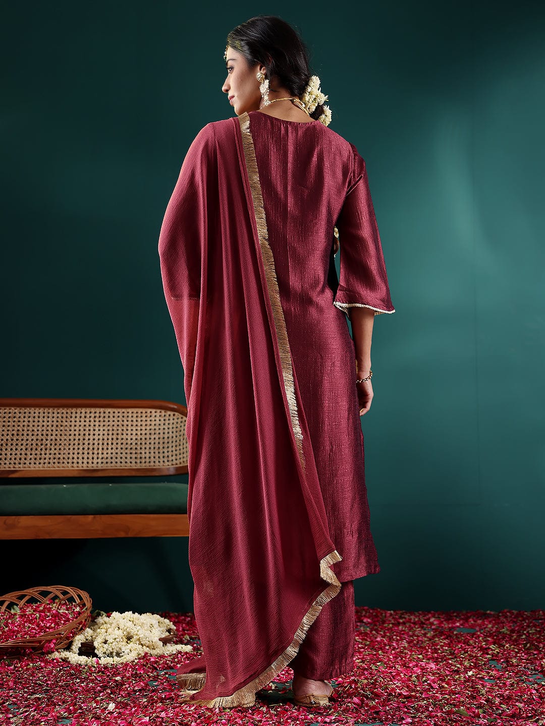 Varanga Women Burgundy Zari Embroidered Kurta With Bottom And Dupatta