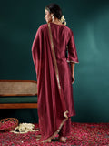 Varanga Women Burgundy Zari Embroidered Kurta With Bottom And Dupatta