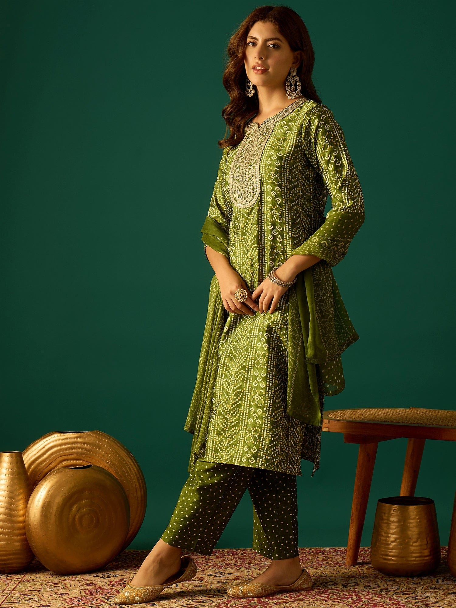 Kurta With Zari-Embroidered Yoke, Paired With Trousers And A Solid Lace-Detailed Dupatta