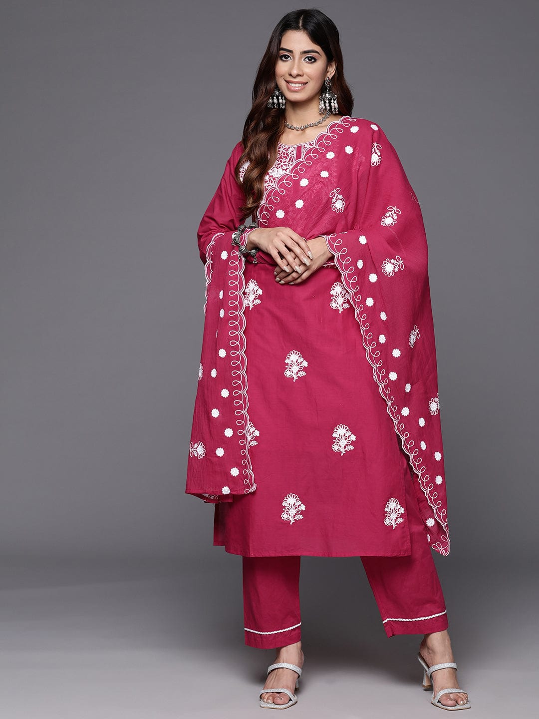 Varanga Floral Embroidered Thread Work Pure Cotton Kurta with Trousers & Dupatta