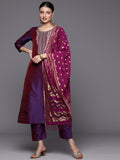 Varanga Women Voilet Zari Embroidered Kurta With Three Quater Sleeves Paired With Tonal Bottom And Dupatta