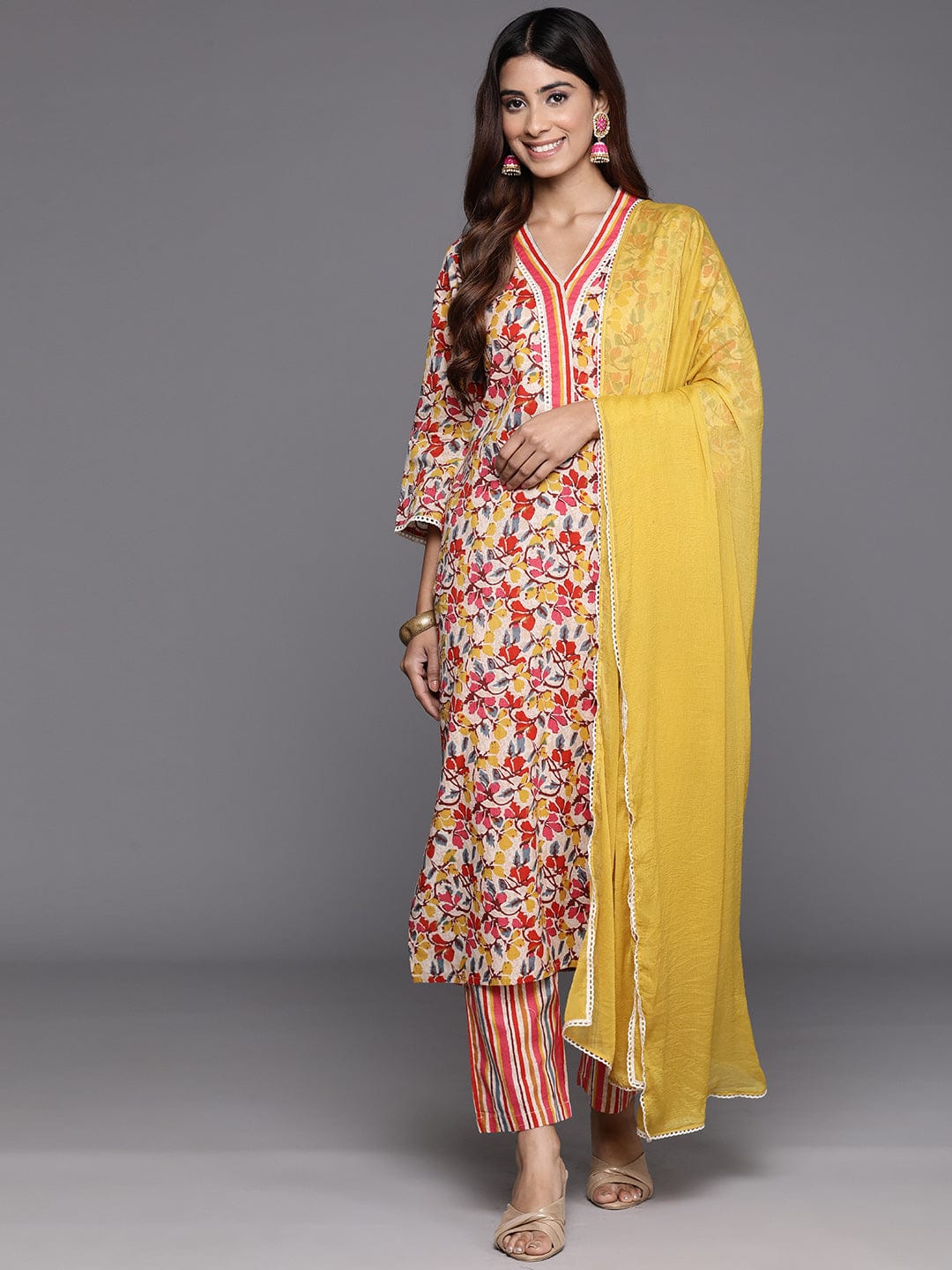 Varanga Floral Embroidered Thread Work Pure Cotton Kurta with Trousers & Dupatta