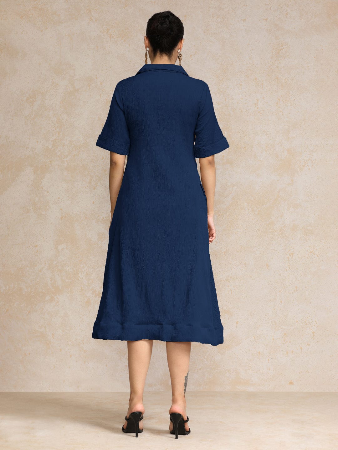 Varanga Women  Beige Shirt Collar A Line Dress