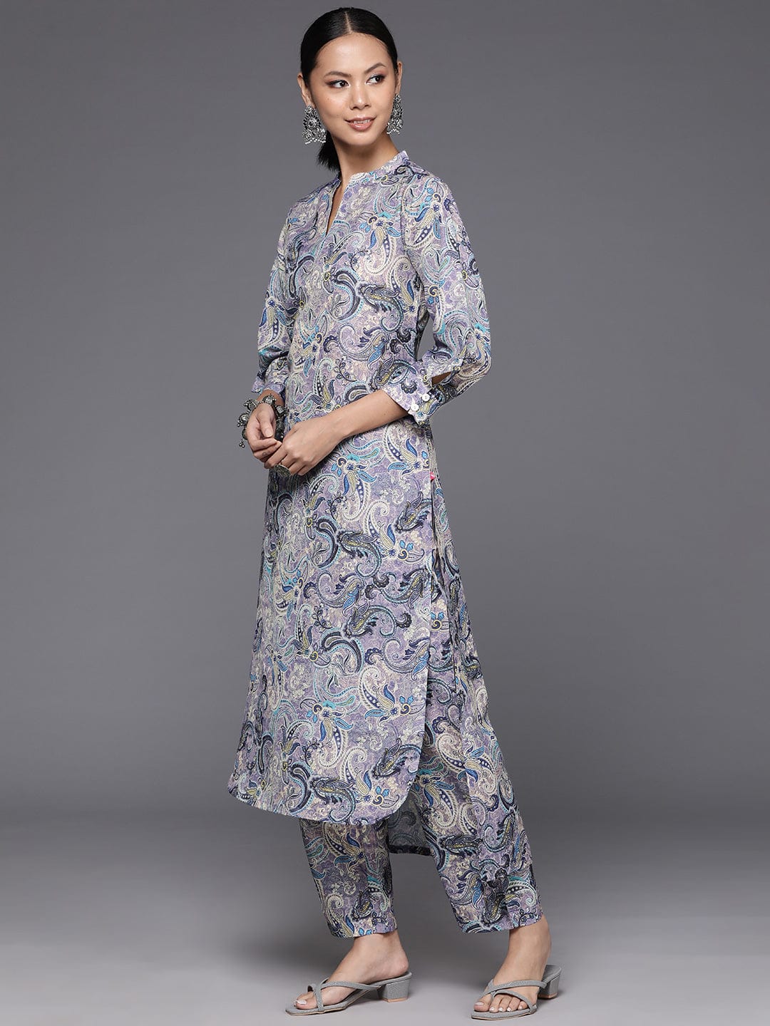 Varanga Women Lavender Printed Straight Kurta With Tonal Bottom