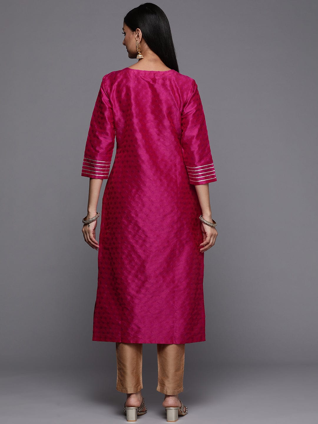 Varanga Pink Embroidered Straight Kurta With Three-Quarter Sleeves Paired With Tonal Bottom And Dupatta
