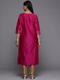 Varanga Pink Embroidered Straight Kurta With Three-Quarter Sleeves Paired With Tonal Bottom And Dupatta