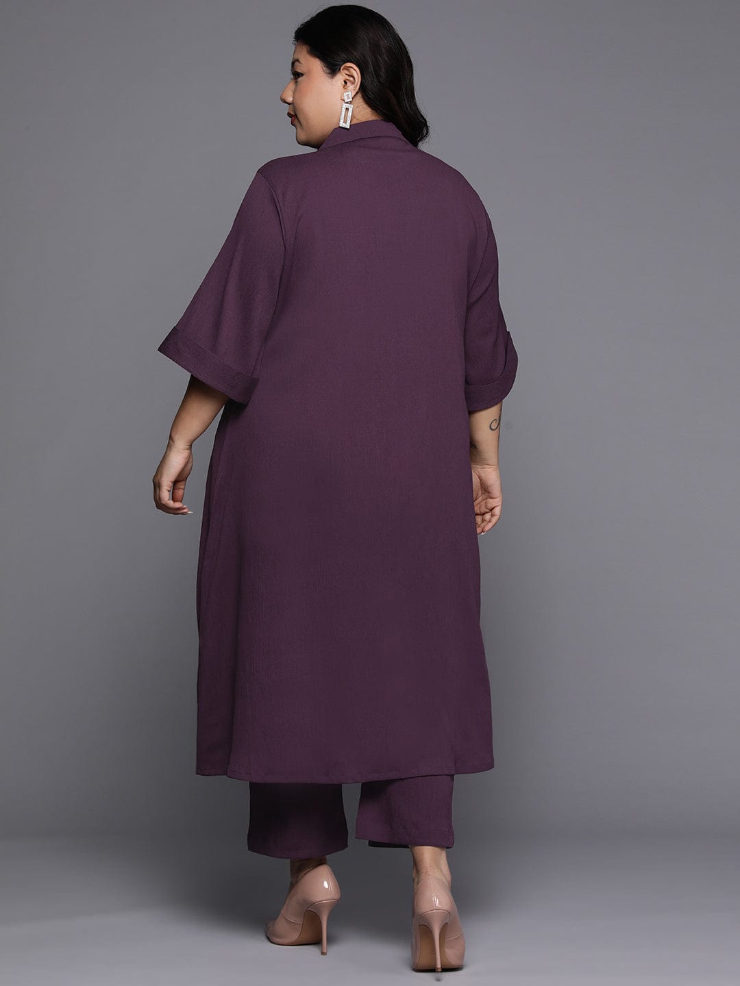 Varanga Women Plus Size Mauve Shirt Collar Neck A-Line Kurta Paired With Tonal Bottom