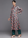 Varanga Women Green Floral Printed Mandarin Collar Straight Kurta Paired With Tonal Solid Bottom And Solid Dupatta