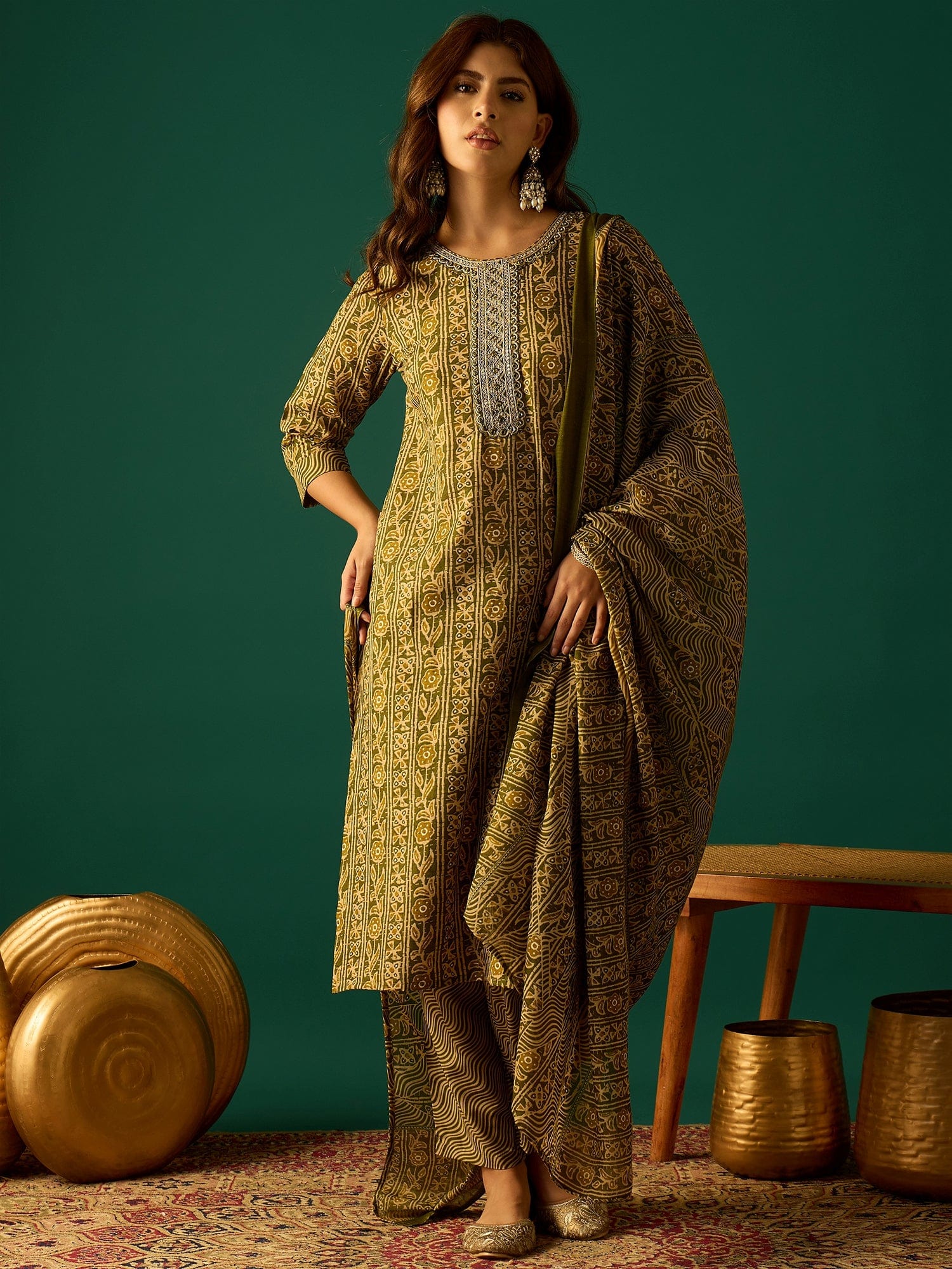 Kurta Set With Zari Yoke Embroidery, Printed Trousers, And Floral Dupatta