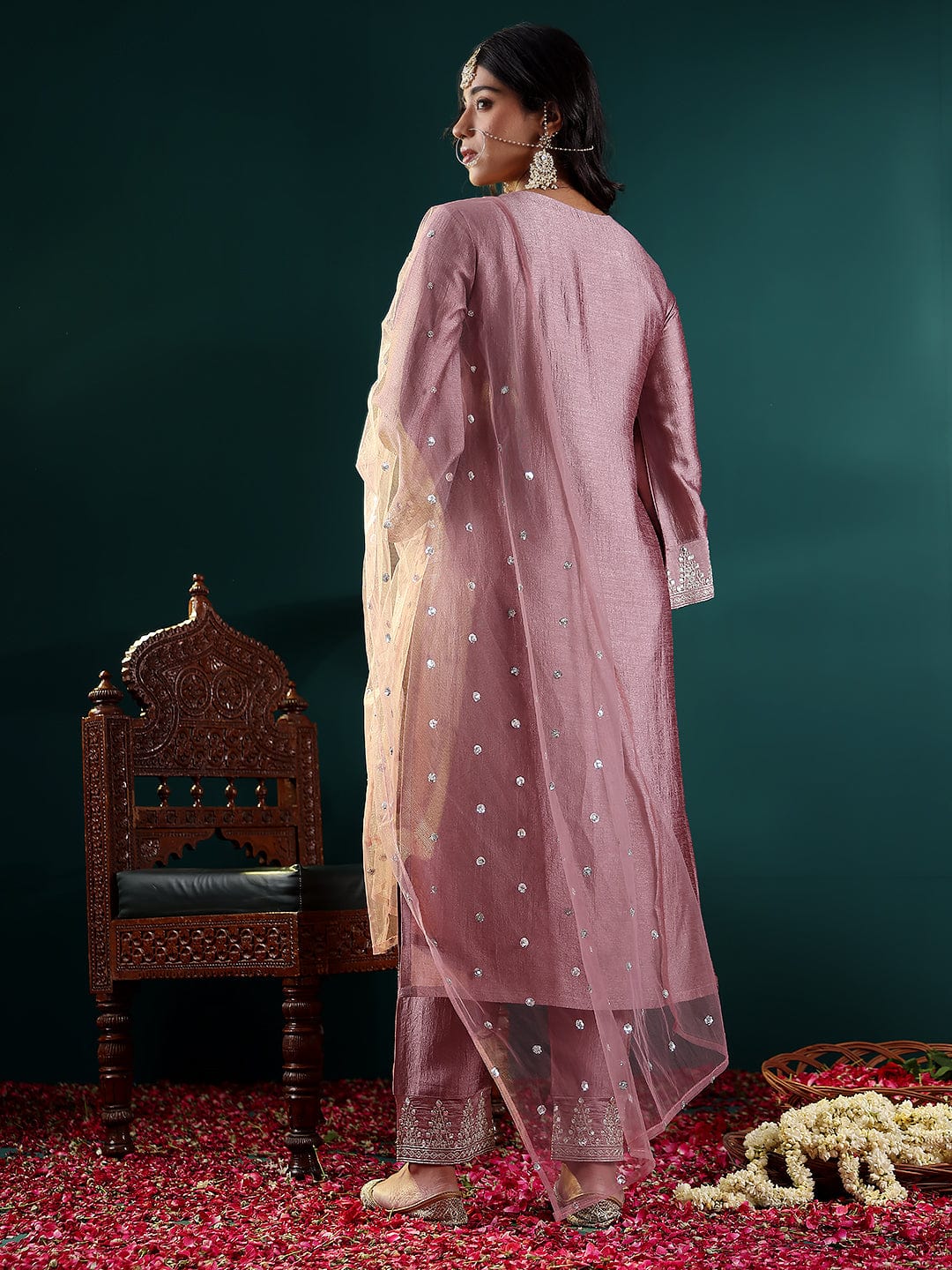 Varanga Women Mauve Zari & Gota Embroidered Kurta Paired With Tonal  Bottom And Dupatta