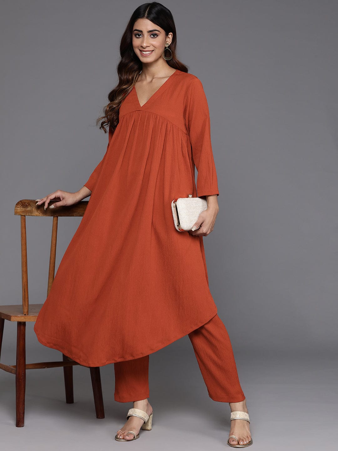Varanga Women Rust Empire Gathered Details A-Line Kurta Paired With Tonal Bottom