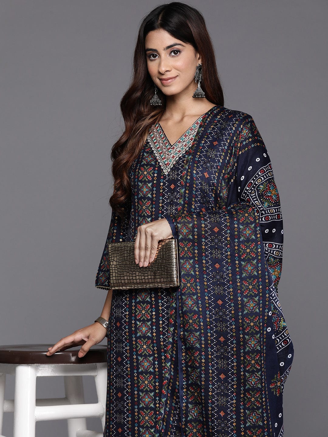 Varanga Women Blue  Printed  Embroidered Kurta With Bottom And Dupatta