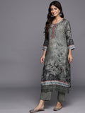 Varanga Women Green Floral Printed  Straight Kurta Paired With Tonal Bottom And  Tonal Organza Embroidered Dupatta