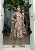 Varanga Women Lavender Floral Printed Mirror Embellished Straight Kurta Paired With Afghani Bottom And Printed Dupatta