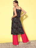 Black floral printed spaghetti strap style straight kurta with side slits