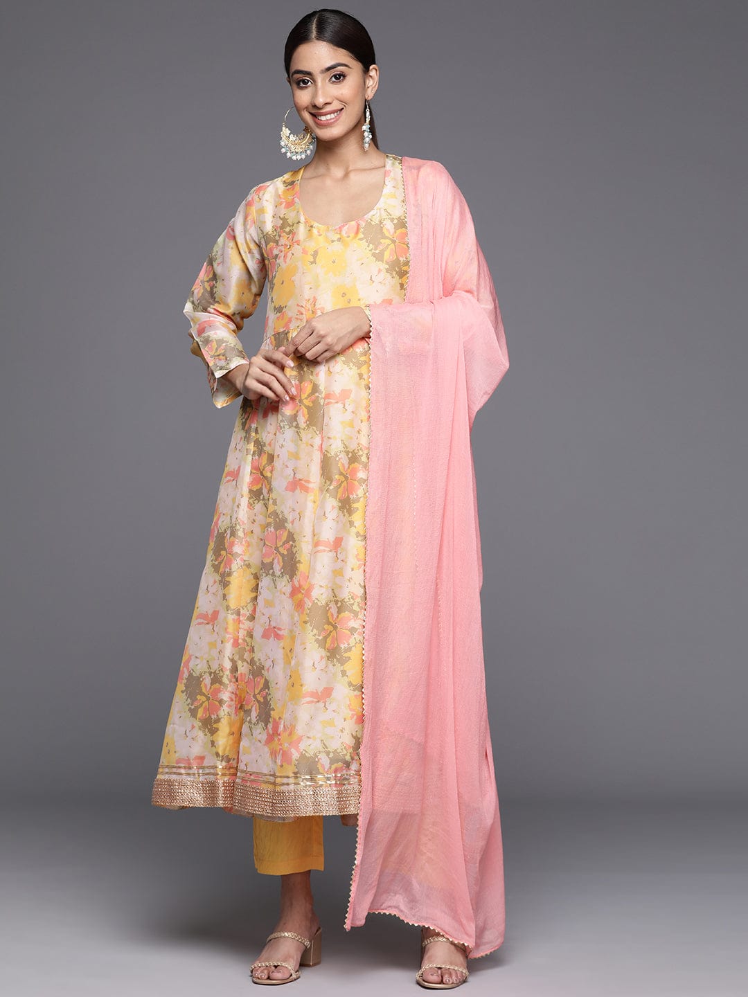 varanga women yellow floral printed round neck anarkali kurta with bottom and dupatta