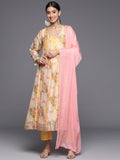 varanga women yellow floral printed round neck anarkali kurta with bottom and dupatta