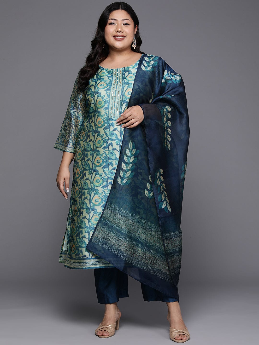 Varanga Women Plus Size Blue Floral Printed Kurta, Round Neck Straight Kurta Paired With Tonal Bottom And Printed Dupatta.