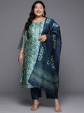 Varanga Women Plus Size Blue Floral Printed Kurta, Round Neck Straight Kurta Paired With Tonal Bottom And Printed Dupatta.