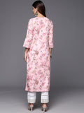 Varanga Women Pink Floral Printed With V Neck And Three Quater Sleeve Straight Kurta Rs Vkur1865