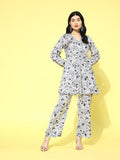 Varanga Women White Floral Printed Top Paired With Tonal Printed Bottom