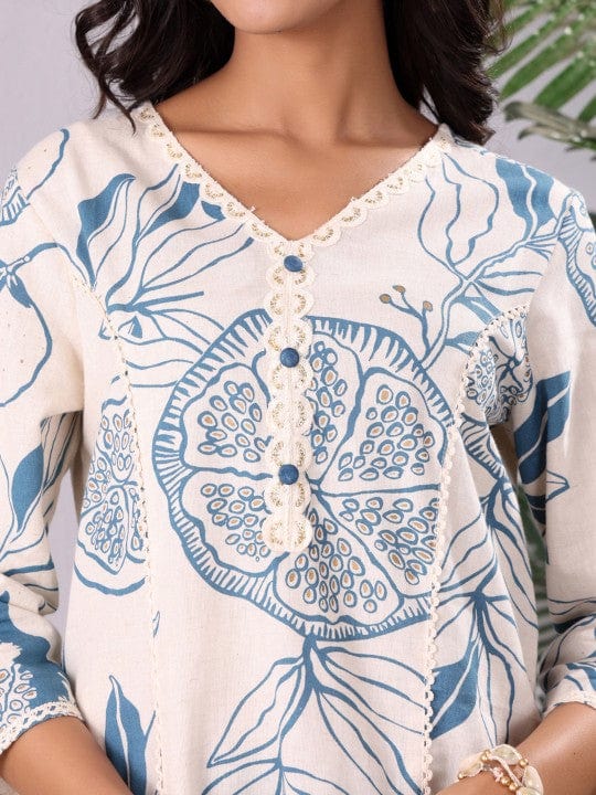 Varanga White & Blue Floral Printed V-Neck Sequinned Panelled Cotton A-Line Kurta