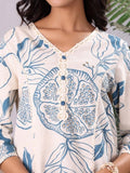 Varanga White & Blue Floral Printed V-Neck Sequinned Panelled Cotton A-Line Kurta