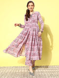 Varanga Women Pink Ethnic Motifs Printed Empire Silk Georgette Round Neck Kurta with Trousers