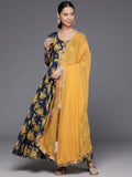 Varanga Floral Printed Navy Blue and Yellow Anarkali Kurta With Dupatta